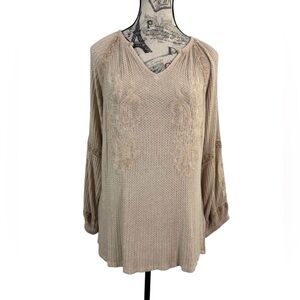 Cupio Beige Boho Chic Textured W/Lace & Embroidered Long Sleeve Tunic Top Size L